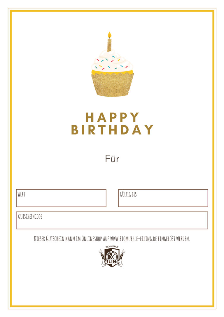 Biomühle Gutschein mit Cupcake und Schriftzug "Happy Birthday"