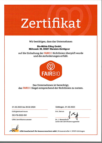 FAIRBIO Zertifikat für Bio-Mühle Eiling GmbH 2023