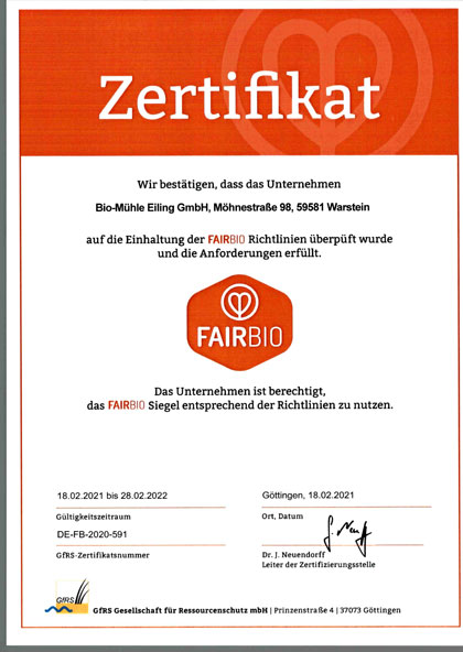 FAIRBIO Zertifikat für Bio-Mühle Eiling GmbH