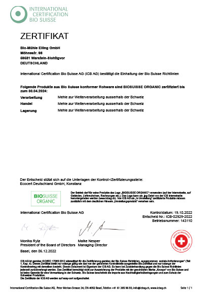 Biomuehle Eiling Zertifikat BioSuisse 2023