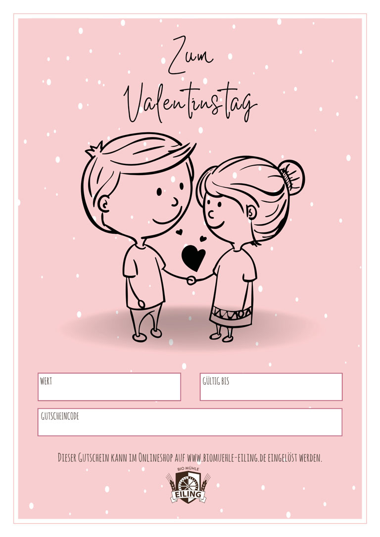 Biomühle Gutschein mit Mann und Frau als Cartoon und Schriftzug "Zum Valentinstag"