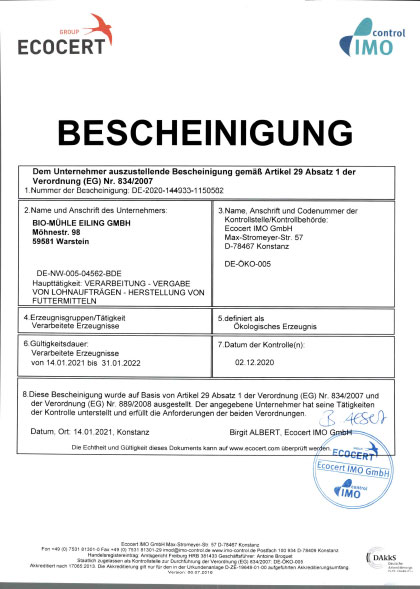 ECOCERT Zertifikat für Bio-Mühle Eiling GmbH