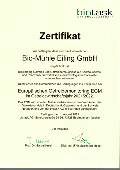 biotask Zertifikat für Bio-Mühle Eiling GmbH