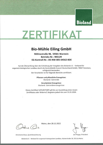 Zertifikat Bioland 2023 Biomuehle Eiling 