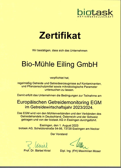Zertifikat EGM Getreidemonitoring 2023-2024