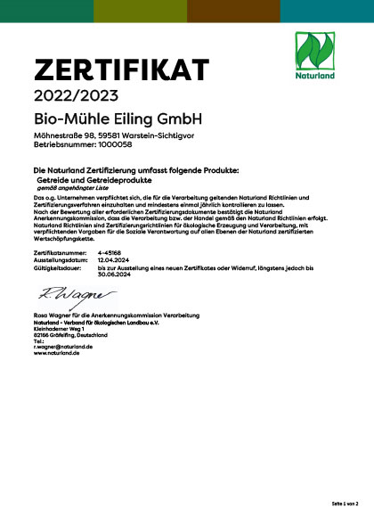 Naturland Zertifikat für Bio-Mühle Eiling GmbH 2023