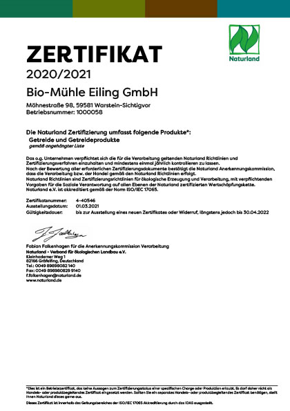 Naturland Zertifikat für Bio-Mühle Eiling GmbH