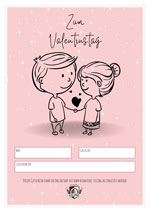 Biomühle Gutschein mit Mann und Frau als Cartoon und Schriftzug "Zum Valentinstag"