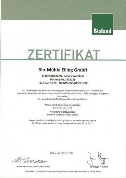 Bioland Zertifikat für Bio-Mühle Eiling GmbH