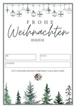 Biomühle Gutschein mit Tannen und Schriftzug "Frohe Weihnachten"