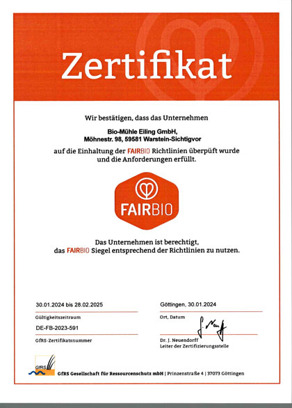 FAIRBIO Zertifikat 2024 für Bio-Mühle Eiling GmbH