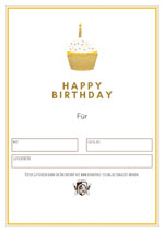 Biomühle Gutschein mit Cupcake und Schriftzug "Happy Birthday"