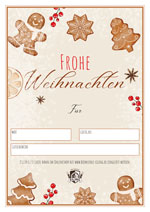 Biomühle Gutschein mit Lebkuchenplätzchen als Motiv und Schriftzug "Frohe Weihnachten"