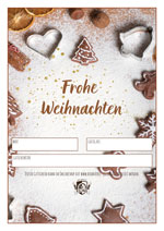 Biomühle Gutschein mit Plätzchenmotiv und Schriftzug "Frohe Weihnachten"