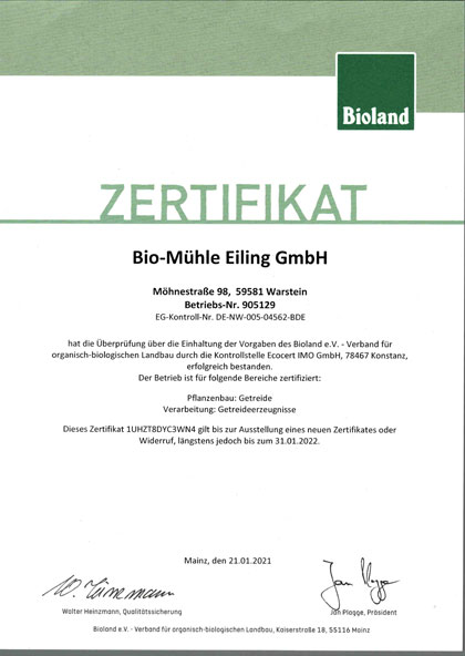 Bioland Zertifikat für Bio-Mühle Eiling GmbH